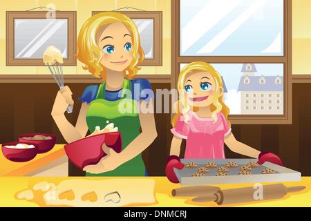 Un vecteur illustration d'une mère et sa fille faire des biscuits dans la cuisine Illustration de Vecteur