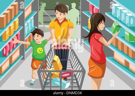 Un vecteur illustration de happy family grocery shopping in supermarket Illustration de Vecteur