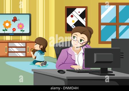 Un vecteur illustration de mère travaillant dans le bureau tandis que sa fille regarder la télévision Illustration de Vecteur