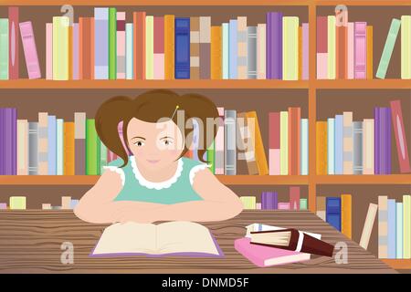 Vector illustration of a Girl studying in a library Illustration de Vecteur