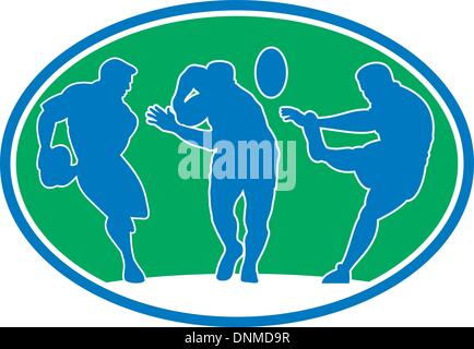 Illustration de silhouette de rugby player tournant passant parant et Kicking the ball set à l'intérieur d'un ovale ou une ellipse Illustration de Vecteur