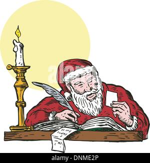 Illustration du Père Noël Le Père Noël à écrire des notes avec chandelier sur fond isolé fait en style rétro. Illustration de Vecteur