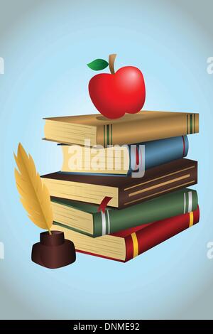 Un vecteur illustration d'une pile de livres et un apple Illustration de Vecteur