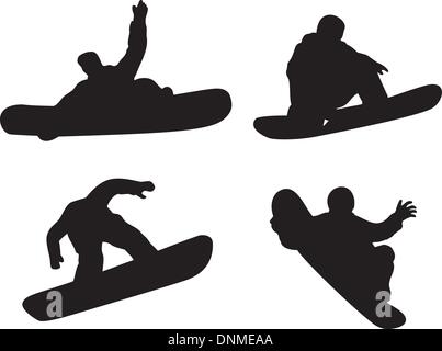 Illustration de personne silhouette snowboard situé dans l'arrière-plan blanc isolé fait en style rétro. Illustration de Vecteur