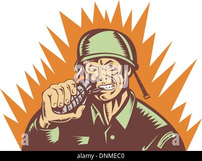 Illustration d'un soldat de la deuxième guerre mondiale tirant l'axe de grenade à main Illustration de Vecteur