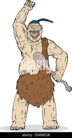 Illustration d'un super héros caveman avec club en main et le poing en l'air isolées sur fond blanc et fait en style rétro. Illustration de Vecteur