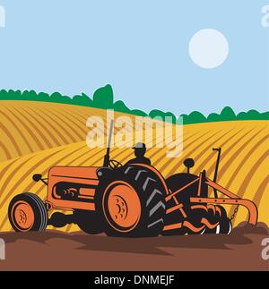 Illustration d'un tracteur vintage avec farmer driving in farm field fait dans le style rétro Illustration de Vecteur