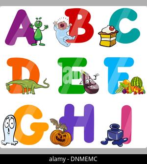 Cartoon Illustration de Funny les lettres en ordre alphabétique avec des objets pour la langue et le vocabulaire de l'éducation pour les enfants de A à Illustration de Vecteur