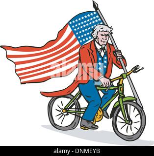 Illustration de l'Oncle Sam stars and stripes riding a bicycle holding American flag vu de côté situé sur fond blanc fait en style rétro. Illustration de Vecteur