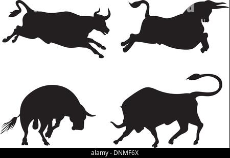 Illustration des animaux de bétail (vaches, taureaux) et de tronçonnage silhouettes saut isolé sur un fond blanc. Illustration de Vecteur