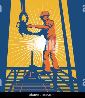 Illustration d'un travailleur sur l'étanchéité plate-forme pétrolière bien au travail fait dans le style rétro Illustration de Vecteur