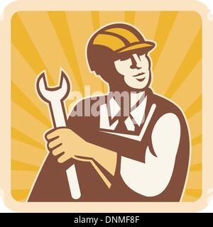 Illustration d'un travailleur de la construction ingénieur mécanicien,ou à la clé jusqu'à la solarisation en arrière-plan. Illustration de Vecteur