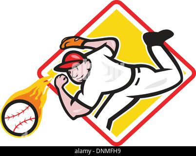 Illustration d'un joueur américain de baseball pitcher outfielder lancer une boule de feu fiery situé à l''intérieur de la forme en diamant isolé sur fond blanc. Illustration de Vecteur