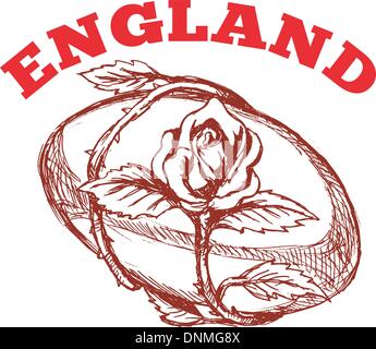 Dessin croquis à main illustration de ballon de rugby avec fleur rose vine enlacés sur fond isolé avec les mots 'Angleterre' Illustration de Vecteur