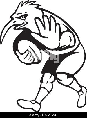 Illustration d'un dessin animé oiseau Kiwi rugby player with ball parant le fait en noir et blanc isolé sur fond blanc. Illustration de Vecteur