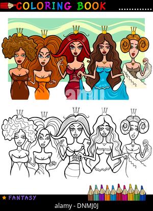 Livre de coloriage ou une page de bande dessinée de vulgarisation de cinq personnages de conte ou reines Princesses Illustration de Vecteur