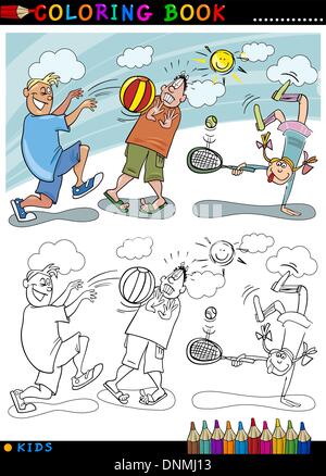 Livre de coloriage ou une page de bande dessinée de vulgarisation des garçons à jouer au ballon et Little Girl playing Tennis Illustration de Vecteur