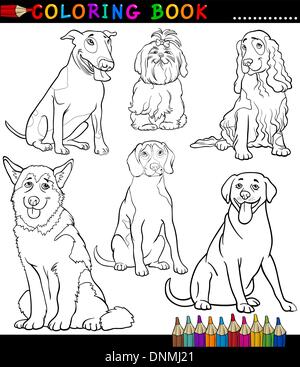 Livre de coloriage ou une page à colorier dessin noir et blanc Illustration de Pure Race chiots ou chiens drôles Illustration de Vecteur
