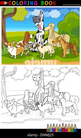 Cartoon Illustration de chiens de race drôle comme Corgi, Pug, Basset, Chihuahua et Lévrier Afghan Livre à colorier Pour colorier ou Pa Illustration de Vecteur