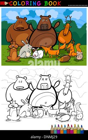 Cartoon Illustration de forêt drôles animaux sauvages comme les ours, hérisson, lièvre, Chevreuil et Fox pour livre de coloriage ou une page à colorier Illustration de Vecteur