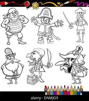 Livre de coloriage ou une page de bande dessinée de vulgarisation du noir et blanc Fantasy Pirates ou corsaires Mascot caractères pour les enfants Illustration de Vecteur