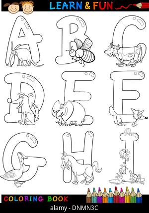 Livre de coloriage Alphabet dessin animé ou d'un jeu de pages avec animaux drôles pour les enfants l'éducation et de plaisir Illustration de Vecteur