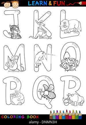 Livre de coloriage Alphabet dessin animé ou d'un jeu de pages avec animaux drôles pour les enfants l'éducation et de plaisir Illustration de Vecteur