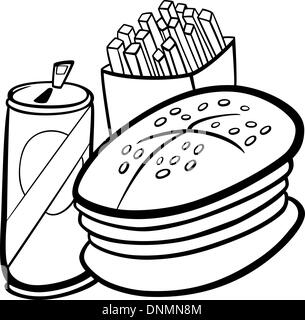 Cartoon noir et blanc Illustration de l'ensemble de Fast Food avec hamburger et de frites et sodas pour Clip Art Coloring Book Illustration de Vecteur