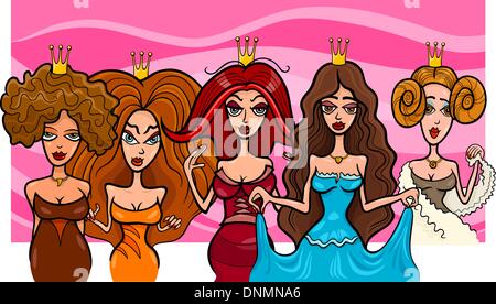 Cartoon Illustration de cinq belles Princesses ou reines Fairytale personnages fantastiques Illustration de Vecteur