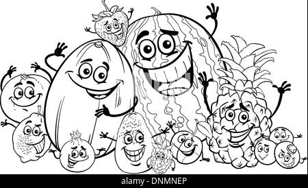 Cartoon noir et blanc Illustration de Fruits drôles personnages grand groupe alimentaire pour colorer livre pour enfants Illustration de Vecteur