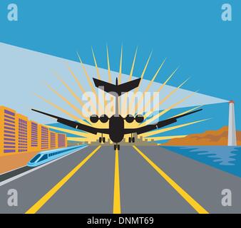 Illustration d'un avion de ligne avion de décoller sur la piste avec le train de l'aéroport et le phare arrière-plan isolé Illustration de Vecteur