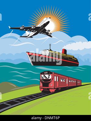 Illustration d'un avion à réaction commerciaux sur avion vol vol décollant avec bateau et train Illustration de Vecteur