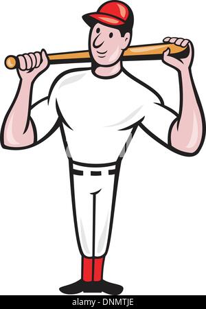 Illustration d'un american baseball player batting cartoon style épaule bat sur isolé sur fond blanc. Illustration de Vecteur