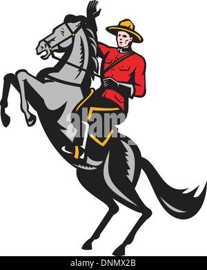 Illustration d'un agent de la police montée canadienne équitation un cheval caracolant isolées sur fond blanc fait dans le style rétro de gravures sur bois. Illustration de Vecteur