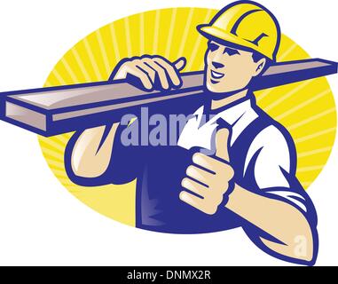 Illustration d'un charpentier marchand worker carrying planche de bois avec bois Thumbs up fait en style retro Illustration de Vecteur