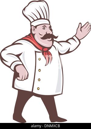 Illustration d'une caricature chef italien avec moustache dire bonjour ou bienvenue avec les mains étendues isolated on white Illustration de Vecteur