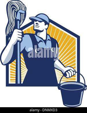 Illustration d'un nettoyeur nettoyeur worker holding mop et de l'eau seau seau vu de l'angle faible fait en style rétro. Illustration de Vecteur