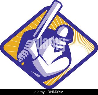 Illustration d'un joueur de cricket au bâton dans un losange set batteur fait en rétro style gravure sur bois. Illustration de Vecteur