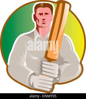 Illustration d'un joueur de cricket avec batteur bat vue avant situé dans un cercle sur fond isolé Illustration de Vecteur