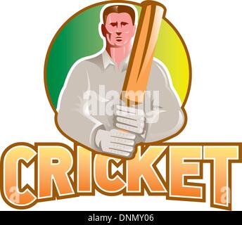 Illustration d'un joueur de cricket avec batteur bat vue avant situé dans un cercle sur fond isolé avec word cricket Illustration de Vecteur