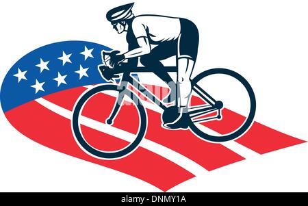 Illustration d'un cycliste, équitation, vélo de course ovale situé à l'intérieur vu de côté en fait avec star and stripes Illustration de Vecteur