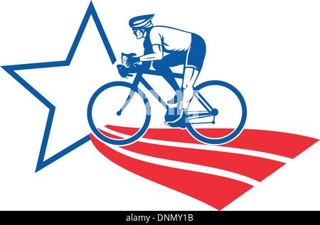 Illustration d'un cycliste, équitation, vélo de course ovale situé à l'intérieur vu de côté en fait avec star and stripes Illustration de Vecteur