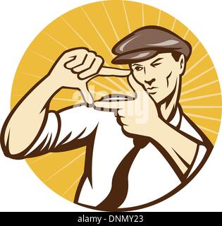 Illustration d'une animation Director bouilloire framing son coup avec ses mains ensemble à l'intérieur du cercle fait en rétro style gravure sur bois. Illustration de Vecteur