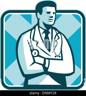 Illustration d'un homme médecin avec stéthoscope debout face à l'intérieur set côté square fait en style rétro. Illustration de Vecteur