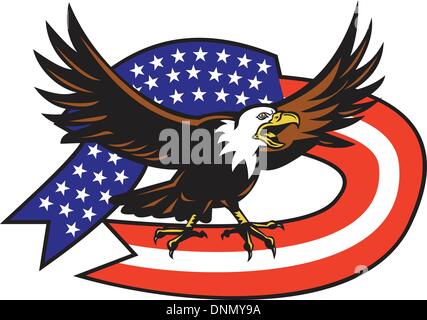 L'aigle chauve américain crier avec USA flag illustration d'un pygargue à tête blanche hurlant de United States stars et stripe Illustration de Vecteur