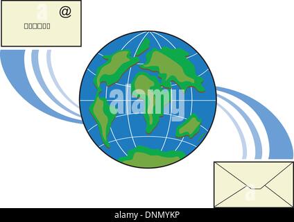 L'icône illustrée de courrier entrant dans et hors d'un monde isolé sur un fond blanc et fait en style rétro. Illustration de Vecteur