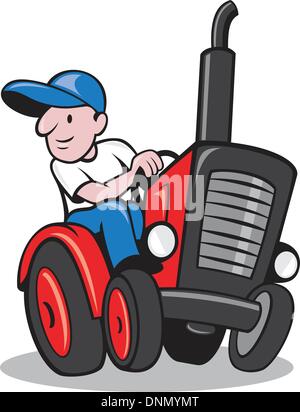 Illustration d'un travailleur agriculteur conduisant un tracteur vintage sur fond isolé fait en style cartoon. Illustration de Vecteur