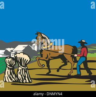 Illustration d'un champ de labour et l'agriculteur fait dans le style rétro Illustration de Vecteur