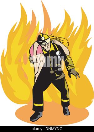 Illustration d'un pompier pompier sauver fille avec flamme feu contexte fait en style rétro. Illustration de Vecteur