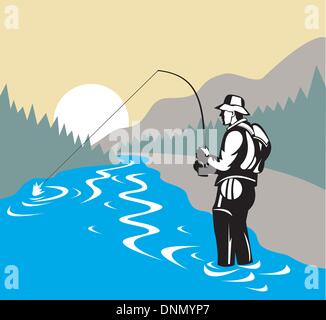 Illustration d'un pêcheur de mouche canne et moulinet casting fait dans le style rétro Illustration de Vecteur